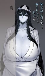 Rule 34 | 1girl, black hair, blank eyes, breasts, cleavage, collarbone, commentary request, ghost, gigantic breasts, gradient background, grey background, hair between eyes, highres, hollow eyes, huge breasts, long hair, original, shiny skin, signature, solo, spacezin, sweat, translation request, upper body, very long hair