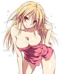 Rule 34 | 1girl, bare shoulders, blonde hair, blush, breasts, brown eyes, cleavage, downblouse, hand on own hip, highres, hip focus, kikurage (plastic people), large breasts, leaning forward, long hair, looking at viewer, minami wakana, naked towel, orange eyes, sketch, smile, solo, towel, white background, zutto tsukushite ageru no!