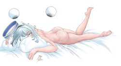 Rule 34 | 1girl, artist name, ass, barefoot, bed sheet, blush, braid, cum, cum on ass, drone, dukeoftorpedoes, english text, feet, full body, green eyes, grey hair, hairband, halo, highres, kamishiro rita, leg up, legs, looking at viewer, lying, mechanical halo, nude, on stomach, pillow, prism project, signature, soles, toes, virtual youtuber, white background