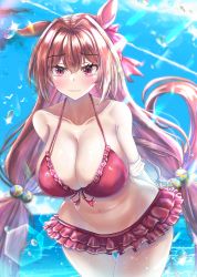 Rule 34 | 1girl, animal ears, arms behind back, bikini, blue sky, blush, bow, breasts, brown hair, cleavage, collarbone, commentary request, curvy, daiwa scarlet (trifle vacation) (umamusume), daiwa scarlet (umamusume), day, embarrassed, fang, frilled bikini, frills, hair bobbles, hair bow, hair ornament, highres, horse ears, horse girl, horse tail, huge breasts, kennedukennedy1, large breasts, leaning forward, long hair, looking at viewer, low twintails, ocean, official alternate costume, official alternate hairstyle, outdoors, red bikini, red bow, red eyes, sky, solo, standing, swimsuit, tail, tears, twintails, umamusume, very long hair, water, wide hips