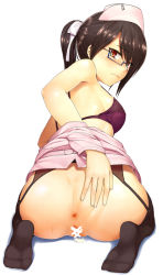 Rule 34 | 1girl, aftersex, anus, ass, ass grab, black hair, black thighhighs, blue-framed eyewear, blush, bottomless, bra, breasts, censored, cum, cum in pussy, cumdrip, from behind, garter straps, glasses, hat, lingerie, long hair, looking at viewer, looking back, no shoes, nurse, nurse cap, pointless censoring, ponytail, purple bra, pussy, red eyes, sajipen, sideboob, simple background, solo, thighhighs, underwear, white background