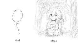 Rule 34 | 1girl, ahoge, closed mouth, commentary, english commentary, greyscale, hair between eyes, high ponytail, highres, how to, how to draw an owl (meme), kay yu, leaf, long hair, looking at viewer, meme, monochrome, off-shoulder sweater, off shoulder, original, pink-haired girl (kay yu), sweater, traditional media, tree, upper body, white background
