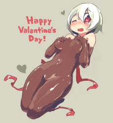 Rule 34 | 1girl, chocolate, chocolate on body, chocolate on breasts, female focus, heart, highres, lying, naked chocolate, nude, one eye closed, open mouth, original, red eyes, sakamoto ahiru, short hair, solo, symbol-shaped pupils, white hair
