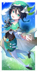Rule 34 | 1boy, absurdres, androgynous, beret, black hair, blue hair, blue sky, bow, braid, brooch, cape, collared cape, collared shirt, commentary request, corset, day, diamond (shape), feathers, flower, frilled sleeves, frills, gem, genshin impact, gradient hair, green cape, green eyes, green hat, green shorts, hair flower, hair ornament, hat, highres, jewelry, leaf, light particles, long sleeves, looking at viewer, looking back, male focus, multicolored hair, nodoka906, open mouth, outdoors, pantyhose, shirt, shoes, short hair with long locks, shorts, side braids, sidelocks, sky, smile, solo, teeth, twin braids, upper teeth only, venti (genshin impact), vision (genshin impact), vortex, white flower, white pantyhose, white shirt