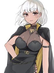 Rule 34 | 1girl, black cape, black dress, breasts, brown eyes, cape, cleavage, dark-skinned female, dark skin, dress, goddess of victory: nikke, kiikiiv2, looking at viewer, medium breasts, official alternate costume, see-through, see-through cleavage, short hair, solo, sugar (hard boiled) (nikke), sugar (nikke), two-sided cape, two-sided fabric, white hair, yellow cape