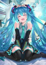 Rule 34 | 1girl, arm tattoo, black skirt, black thighhighs, blue hair, boots, closed eyes, commentary, crossed bangs, detached sleeves, fang, happy, hatsune miku, headpat, headphones, highres, long hair, miniskirt, open mouth, pov, pov hands, sitting, skirt, smile, solo focus, straight-on, tattoo, tears, teeth, thigh boots, thighhighs, twintails, tyouya, upper teeth only, very long hair, vocaloid, wariza, wide sleeves, zettai ryouiki
