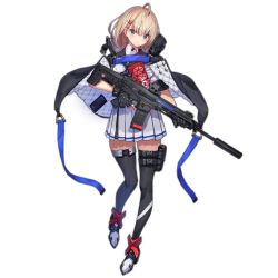 Rule 34 | 1girl, acr (girls&#039; frontline), adaptive combat rifle, ahoge, ankle boots, assault rifle, black gloves, black jacket, black thighhighs, blonde hair, blue eyes, blush, boots, breasts, buckle, closed mouth, fingerless gloves, full body, girls&#039; frontline, gloves, gun, hair behind ear, hair between eyes, hair ornament, hairclip, holding, jacket, looking at viewer, mole, mole under eye, official art, padded cloak, padding, panties, remington arms, rifle, saitou masatsugu, short hair, sidelocks, skirt, snap-fit buckle, solo, suppressor, thigh strap, thighhighs, transparent background, trigger discipline, underwear, watermark, weapon, white skirt, zettai ryouiki