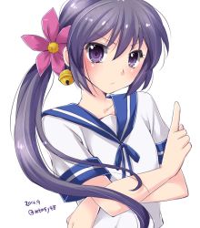 Rule 34 | 10s, 1girl, akebono (kancolle), bad id, bad pixiv id, bell, crossed arms, flower, hair bell, hair flower, hair ornament, jingle bell, kantai collection, long hair, looking at viewer, mitsu masaya, purple eyes, purple hair, side ponytail, solo