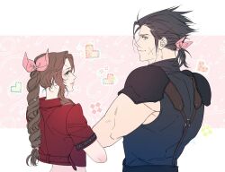 Rule 34 | 1boy, 1girl, aerith gainsborough, alternate hairstyle, armor, belt, black hair, black shirt, blush, brown hair, commentary request, cropped jacket, cross scar, crossed arms, curly hair, facial scar, final fantasy, final fantasy vii, flat color, flower, green eyes, hair ribbon, hair slicked back, hair tie, heart, jacket, korean commentary, light smile, long hair, looking back, medium hair, muscular, muscular male, parted bangs, pauldrons, pink background, pink lips, pink ribbon, pixel heart, pixelated, polka dot, polka dot background, ponytail, red jacket, ribbon, s sohwagi s, scar, scar on cheek, scar on face, shirt, short sleeves, shoulder armor, sidelocks, sleeveless, sleeveless shirt, sleeveless turtleneck, standing, suspenders, turtleneck, upper body, zack fair