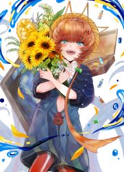Rule 34 | 1girl, absurdres, blue eyes, blue overalls, blush, braid, breasts, center opening, crown braid, fate/grand order, fate (series), flower, hat, highres, long hair, looking at viewer, navel, open mouth, orange hair, overall shorts, overalls, paint splatter, puffy sleeves, shimogamo (shimomo 12), side braid, small breasts, smile, solo, straw hat, sunflower, van gogh (fate), yellow hat
