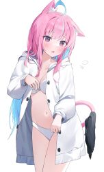 Rule 34 | 1girl, ahoge, animal ears, bikini, blue hair, blush, breasts, cat ears, cat girl, cleavage, coat, collarbone, colored inner hair, dyed ahoge, floppy ears, flying sweatdrops, highres, holding, holding with tail, hololive, large breasts, light blue hair, long hair, long sleeves, looking down, minato aqua, multicolored hair, navel, nel dcm, open clothes, open coat, open mouth, pink eyes, pink hair, pink tail, prehensile tail, simple background, solo, stomach, streaked hair, swimsuit, tail, thighs, two-tone hair, virtual youtuber, white background, white bikini, white coat