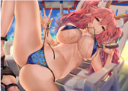 Rule 34 | 1girl, absurdres, animal ear fluff, animal ears, ass, beach, beach chair, beach umbrella, bikini, bikini pull, blue bikini, blush, bottle, breasts, chair, clothes pull, collarbone, commission, day, eyelashes, fate/extra, fate (series), fox ears, fox girl, fox tail, grin, groin, hair between eyes, half-closed eyes, high heels, highres, holding, holding bottle, large breasts, long hair, looking at viewer, lotion, lotion bottle, lounge chair, mouth hold, nail polish, navel, non-web source, ocean, outdoors, pink hair, print bikini, pulled by self, satou daiji, side-tie bikini bottom, sidelocks, skeb commission, skindentation, smile, solo, spread legs, stomach, strap pull, sunscreen, swimsuit, tail, tamamo (fate), tamamo no mae (fate/extra), thighs, twintails, umbrella, underboob, untied bikini, water, yellow eyes