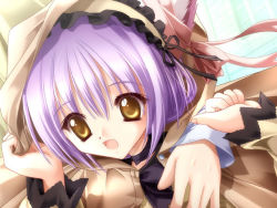Rule 34 | 1girl, animal ears, cafe little wish, cape, cat ears, game cg, male hand, mina (cafe little wish), purple hair, ribbon, solo, tinker bell (pixiv 10956015), yellow eyes