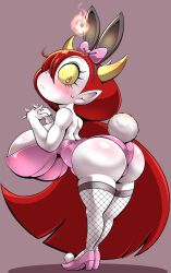 Rule 34 | 1girl, ass, bare shoulders, bareback, blush, breasts, cameltoe, cleavage, cocco (cocco1192), colored sclera, colored skin, disney, embarrassed, eyelashes, female focus, fire, fishnet thighhighs, fishnets, full body, hair over one eye, hair ribbon, hekapoo, highres, horns, huge ass, huge breasts, interlocked fingers, leotard, long hair, monster girl, orange eyes, own hands together, pink footwear, pink leotard, pink ribbon, playboy bunny, pointy ears, rabbit ears, rabbit tail, red background, red hair, ribbon, shiny skin, skindentation, solo, standing, star vs the forces of evil, surprised, thick thighs, thighhighs, thighs, very long hair, white skin, yellow sclera