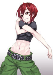 Rule 34 | 1girl, abs, bad id, belt, brown eyes, cowboy shot, highres, kaibutsu oujo, matsuryuu, midriff, navel, parted lips, red hair, riza wildman, short hair, simple background, smile, solo, stretching, toned, white background