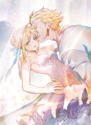 Rule 34 | 1boy, 1girl, ahoge, alternate costume, artoria pendragon (all), artoria pendragon (fate), blonde hair, blue bow, blue flower, bow, braid, braided bun, breasts, cleavage, collarbone, couple, dress, earrings, elbow gloves, fate/stay night, fate (series), flower, gilgamesh (fate), gloves, green eyes, hair between eyes, hair bow, hair bun, half-closed eyes, hand around neck, hand on another&#039;s hip, hand on hand, jacket, jewelry, long dress, long sleeves, lorein, manly, parted lips, saber (fate), short hair, sleeveless, sleeveless dress, small breasts, spiked hair, strapless, strapless dress, wedding dress, white background, white dress, white gloves, white jacket