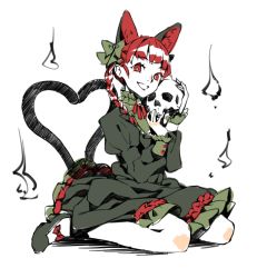 Rule 34 | 1girl, animal ears, bare legs, bow, braid, cat ears, cat tail, dress, extra ears, hair bow, heart, heart tail, kaenbyou rin, long hair, looking at viewer, multiple tails, red eyes, red hair, simple background, sketch, skull, solo, tail, touhou, twin braids, weee (raemz), white background