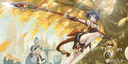 Rule 34 | 1other, 2girls, aged down, animal ears, bear, bear ears, blue hair, china dress, chinese clothes, chujiuduyi, closed eyes, crossed legs, dress, genshin impact, grey hair, guoba (genshin impact), highres, holding, holding polearm, holding weapon, lance, madame ping (genshin impact), multiple girls, polearm, short hair, sitting, smile, standing, standing on one leg, weapon, xiangling (genshin impact), yellow eyes
