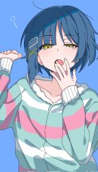 Rule 34 | 1girl, blue background, blue hair, bocchi the rock!, clenched hand, green eyes, hair ornament, hairclip, highres, hikentai0112, open mouth, pajamas, short hair, simple background, solo, tears, yamada ryo, yawning