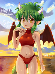 Rule 34 | 1girl, 2021, absurdres, beach, bikini, breasts, character name, cloud, collarbone, compile, dated, draco centauros, dragon girl, dragon horns, dragon tail, halterneck, halterneck, happy birthday, highres, horns, looking at viewer, madou monogatari, medium breasts, navel, ocean, pixiv id 215454, pointy ears, puyopuyo, sega, short hair, solo, sunset, swimsuit, tail, text focus, tongue, tongue out, twitter username, water, wet, wings, yellow eyes