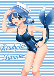 Rule 34 | 1girl, blue hair, blush, bracelet, breasts, cleavage, fins, fish tail, green eyes, happy, hat, jewelry, mint (cerbi), one-piece swimsuit, one eye closed, original, sailor hat, salute, school swimsuit, short hair, solo, swimsuit, tail, thighs, wink
