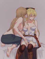 Rule 34 | 2girls, bare arms, barefoot, black bow, black legwear, black pants, blonde hair, blush, bow, breasts, brown footwear, brown hair, cleavage, closed mouth, clothes pull, collarbone, commentary request, couple, dress, dress pull, embarrassed, granblue fantasy, grey background, hair bow, high ponytail, highres, katalina (granblue fantasy), long hair, looking away, medium breasts, miso-ha (ukyuu), multiple girls, panties, pants, pleated dress, red bow, red eyes, short dress, sideboob, simple background, sitting, sketch, soles, straight hair, strapless, strapless dress, sweatdrop, thighhighs, topless, two-tone bow, underwear, very long hair, vira (granblue fantasy), white dress, white panties, yuri