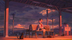 Rule 34 | 1girl, bag, bench, black cat, black footwear, black hair, black skirt, black socks, blunt bangs, bob cut, cat, ceiling light, cloud, cloudy sky, commentary request, feel (nasitaki), hair ornament, hairclip, highres, hill, house, industrial pipe, kneehighs, legs together, loafers, long sleeves, looking to the side, neckerchief, on bench, original, outdoors, overhead line, plant, pleated skirt, potted plant, red neckerchief, rice paddy, scenery, school uniform, serafuku, shoes, sitting, skirt, sky, socks, solo, sunset, tactile paving, train station, translation request, unworn bag, wide shot