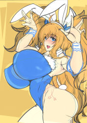 Rule 34 | 1girl, animal ears, artist request, bare shoulders, blonde hair, blue eyes, blue leotard, breasts, breasts out, curvy, fake animal ears, fake tail, highleg, highleg leotard, highres, huge breasts, leotard, long hair, looking at viewer, onizaki kirara, open mouth, playboy bunny, puffy nipples, rabbit ears, rabbit pose, rabbit tail, shiny clothes, shiny skin, simple background, sketch, solo, tail, taimanin (series), taimanin rpgx, thong leotard, twintails, very long hair, yellow background