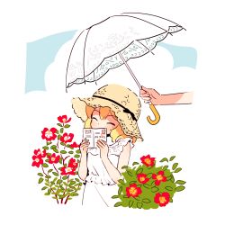 Rule 34 | 1girl, ^ ^, bare arms, bare shoulders, black bow, black ribbon, blonde hair, bow, bush, closed eyes, cloud, covered mouth, covering own mouth, day, dot nose, facing viewer, floral print, flower, frilled shirt, frills, hands up, hat, hat bow, hat ribbon, highres, holding, holding umbrella, idolmaster, idolmaster cinderella girls, iwashi iwashimo, medium hair, out of frame, outdoors, outside border, parasol, postcard, print umbrella, red flower, ribbon, sakurai momoka, shade, shirt, skirt, skirt set, sleeveless, sleeveless shirt, solo focus, sun hat, umbrella, upper body, w arms, white shirt, white skirt, white umbrella