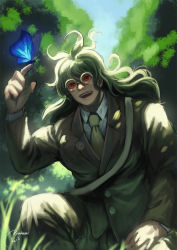 Rule 34 | 1boy, animal, blue butterfly, bug, butterfly, butterfly on hand, collared shirt, commentary request, danganronpa (series), danganronpa v3: killing harmony, day, forest, formal, glasses, gokuhara gonta, grass, green hair, hand on own leg, hand up, highres, insect, jacket, long hair, long sleeves, male focus, nature, necktie, nyuukazai, open mouth, outdoors, red eyes, round eyewear, shirt, signature, smile, solo, teeth, tree, upper teeth only, white shirt
