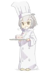 Rule 34 | 10s, 1girl, absurdres, bad id, bad pixiv id, blonde hair, brown eyes, buttons, cake, chef, chef hat, eating, food, food on face, grey hair, hat, highres, holding, holding plate, kemono friends, multicolored hair, northern white-faced owl (kemono friends), omucchan (omutyuan), oversized clothes, plate, sketch, white hair