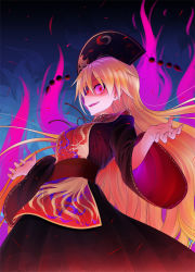 Rule 34 | 1girl, aozora market, blonde hair, chinese clothes, crazy eyes, crazy smile, hat, junko (touhou), long hair, open mouth, red eyes, smile, solo, tabard, tail, touhou, wide sleeves