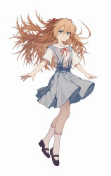 Rule 34 | 1girl, absurdres, arms at sides, black footwear, blue eyes, blue skirt, blue vest, deep (deep4946), expressionless, full body, hair ornament, highres, long hair, looking to the side, mary janes, neck ribbon, neon genesis evangelion, orange hair, red ribbon, ribbon, sailor collar, shirt, shoes, short sleeves, simple background, skirt, socks, solo, souryuu asuka langley, two side up, vest, white background, white sailor collar, white shirt, white socks