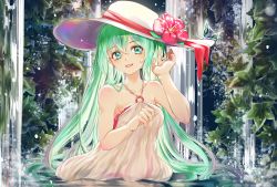 Rule 34 | 1girl, bad id, bad pixiv id, bare shoulders, bug, butterfly, collarbone, dress, green eyes, green hair, hair between eyes, hat, hatsune miku, highres, insect, long hair, outdoors, partially submerged, shigemu room, solo, sun hat, vocaloid, wading, water, waterfall, white dress