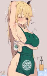 Rule 34 | 1girl, apron, armpits, between breasts, black ribbon, blonde hair, blush, brand name imitation, breasts, coffee, commentary, commentary request, cup, english commentary, eyepatch, fischl (genshin impact), genshin impact, green apron, green eyes, grey background, hair ribbon, highres, holding, holding cup, iced latte with breast milk (meme), kkry99, korean commentary, large breasts, long hair, looking at viewer, meme, naked apron, oz (genshin impact), ribbon, simple background, starbucks, sweat, thighs