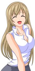 Rule 34 | 1girl, bare shoulders, blonde hair, breasts, cleavage, closed eyes, female focus, happy, minami-ke, minami haruka, open mouth, simple background, smile, solo, white background