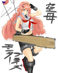 Rule 34 | 10s, 1girl, american flag, belt, blue theme, boots, fingerless gloves, gloves, hair ornament, hairband, hairclip, hatomame, highres, kantai collection, long hair, midriff, navel, original, personification, pink hair, salute, shorts, smile, solo, united states, uss enterprise (cv-6), uss enterprise (cv 6), very long hair