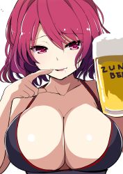 Rule 34 | 1girl, absurdres, alcohol, amisu, beer, beer mug, black bra, blush, bra, breasts, cleavage, collarbone, cup, heart, heart-shaped pupils, highres, horikawa raiko, large breasts, licking lips, mug, open mouth, red eyes, red hair, short hair, simple background, smile, solo, symbol-shaped pupils, tongue, tongue out, touhou, underwear, white background