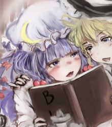 Rule 34 | 2girls, blonde hair, blue eyes, blush, book, crescent, crescent hair ornament, dress, facing viewer, hair ornament, hand on another&#039;s shoulder, hat, kirisame marisa, lips, mob cap, multiple girls, open book, open mouth, patchouli knowledge, purple eyes, purple hair, reading, touhou, txoxsxhxi, witch hat
