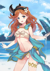 Rule 34 | 10s, 1girl, absurdres, bikini, black ribbon, blue eyes, breasts, brown hair, cape, cleavage, cloud, collarbone, cowboy shot, day, flower, granblue fantasy, hair flower, hair ornament, hair ribbon, highres, kogalashi, long hair, navel, ocean, open mouth, outdoors, red flower, ribbon, sara (granblue fantasy), sarong, scan, small breasts, solo, standing, strapless, swimsuit, white bikini, white flower