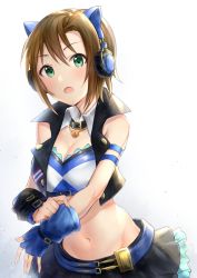 Rule 34 | 10s, 1girl, animal ear headphones, armband, bare shoulders, belt, belt skirt, black skirt, blue gloves, breasts, brown hair, buttons, cat ear headphones, cleavage, collar, crown, detached collar, elbow gloves, fake animal ears, fingerless gloves, gloves, green eyes, hair between eyes, headphones, highres, idolmaster, idolmaster cinderella girls, jewelry, looking at viewer, midriff, miniskirt, navel, necklace, open mouth, putting on gloves, short hair, simple background, skirt, small breasts, solo, tada riina, takeashiro, vest