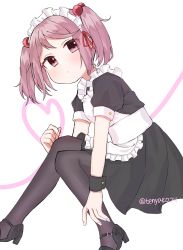 Rule 34 | 1girl, alternate costume, apron, black dress, black footwear, black pantyhose, dress, enmaided, frilled apron, frills, full body, hair bobbles, hair ornament, highres, invisible chair, kantai collection, looking at viewer, maid, maid headdress, pantyhose, pink eyes, pink hair, sazanami (kancolle), short hair, sitting, solo, tenyako (mirasato24), twintails, twitter username, white apron, white background, wrist cuffs