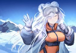 Rule 34 | 1girl, ;d, animal ears, arknights, aurora (arknights), aurora (polar catcher) (arknights), bear ears, blue sky, bodysuit, breasts, coat, day, eyes visible through hair, gloves, goggles, goggles on head, grey coat, grey gloves, grin, hair over one eye, highres, large breasts, long sleeves, looking at viewer, mountainous horizon, one eye closed, open clothes, open coat, open mouth, orange bodysuit, outdoors, parted lips, sky, smile, snow, underbust, upper body, waving, woodsbench