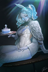 Rule 34 | 1girl, animal ears, blue eyes, blue hair, blue skin, bow, bowtie, breasts, cake, cleavage, cloak, closed mouth, colored skin, cracked skin, detached collar, doll joints, elden ring, extra arms, extra faces, food, fur cloak, gelldraws, highres, joints, leotard, long hair, looking at viewer, one eye closed, playboy bunny, ponytail, rabbit ears, ranni the witch, smile, solo, strapless, wrist cuffs