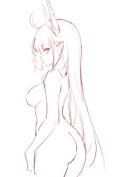 Rule 34 | 1girl, absurdres, ahoge, ass, breasts, completely nude, cowboy shot, from behind, highres, horns, large breasts, long hair, looking at viewer, looking back, looking to the side, monochrome, nekojira, nude, original, parted lips, pointy ears, sideways glance, simple background, solo, standing, symbol-only commentary, very long hair, white background