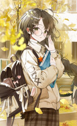 Rule 34 | 1girl, absurdres, adjusting eyewear, ahoge, autumn, autumn leaves, backpack, bag, bench, black hair, blurry, blurry foreground, book, hugging book, braid, braided ponytail, brown skirt, brown sweater, building, commentary, day, eumi 114, falling leaves, floating hair, ginkgo leaf, glasses, green hair, hair ornament, hairclip, heart, highres, holding, holding book, hugging object, lamppost, leaf, light blush, long hair, long sleeves, looking at viewer, low ponytail, original, outdoors, park bench, parted lips, plaid, plaid skirt, puffy long sleeves, puffy sleeves, round eyewear, skirt, solo, sweater, symbol-only commentary, very long hair