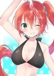 Rule 34 | 1girl, absurdres, arm up, bikini, bikini top only, black background, black bikini, blush, bottle, breasts, cleavage, collar, grin, hair between eyes, hair ornament, highres, holding, holding bottle, kakizato, large breasts, long hair, one eye closed, original, red hair, side ponytail, smile, solo, swimsuit, upper body, very long hair, water, water bottle