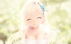 Rule 34 | 10s, 1girl, ^ ^, bare shoulders, blonde hair, blurry, blush, boku wa tomodachi ga sukunai, breasts, butterfly hair ornament, cait aron, cleavage, closed eyes, collarbone, depth of field, closed eyes, grin, hair ornament, highres, kashiwazaki sena, large breasts, long hair, smile, solo, upper body