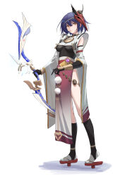 Rule 34 | 1girl, absurdres, accelerator rye, armor, armpits, bare shoulders, black socks, blue hair, bow (weapon), breasts, clenched hands, detached sleeves, elbow gloves, eyelashes, female focus, full body, genshin impact, geta, gloves, hair between eyes, heel up, highres, holding, holding bow (weapon), holding weapon, japanese armor, japanese clothes, jewelry, kneehighs, kujou sara, legs, looking at viewer, mask, mask on head, medium breasts, medium hair, mihoyo, neck, necklace, obi, parted lips, red footwear, red mask, sash, serious, shiny skin, sidelocks, simple background, socks, standing, stirrup legwear, swept bangs, tabi, tengu, tengu-geta, tengu mask, thighs, toeless legwear, traditional clothes, turning head, weapon, white background, wide sleeves, yellow eyes