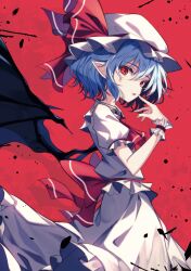 Rule 34 | 1girl, absurdres, ascot, bat wings, dress, feet out of frame, grey hair, hat, highres, looking at viewer, mob cap, pink dress, pointy ears, red ascot, red background, red eyes, remilia scarlet, short hair, short sleeves, solo, touhou, upper body, vampire, wings, wrist cuffs, yamanakaume